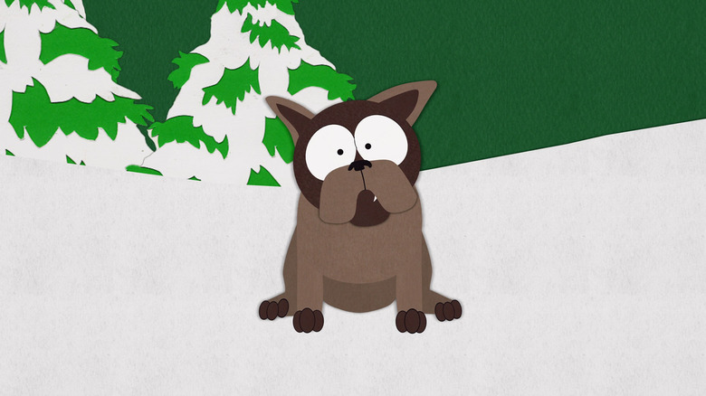Sparky the dog from South Park sitting in the snow