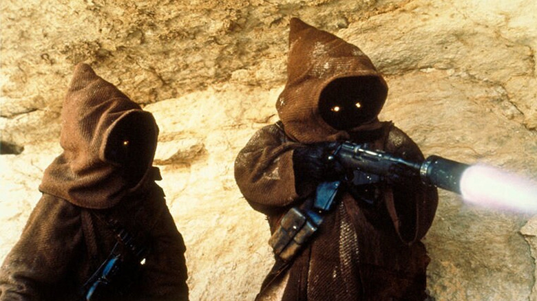 A closeup of two Jawas in Star Wars