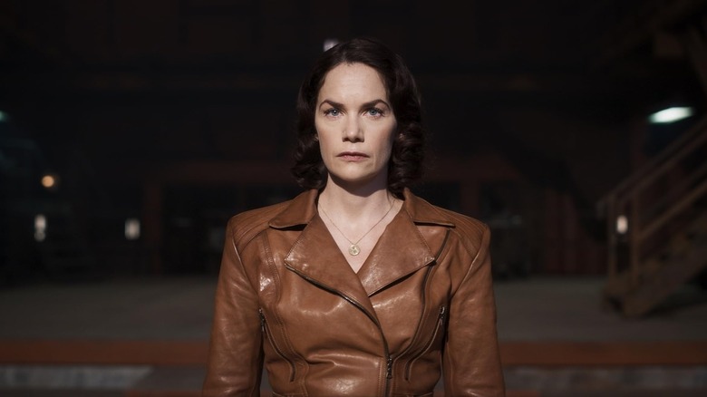 Ruth Wilson as Marisa Coulter wearing a leather jacket in His Dark Materials