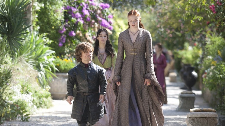 Tyrion and Sansa walking together in King's Landing on Game of Thrones