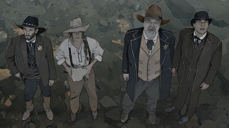 Four lawpeople looking up at something in Night of the Cooters