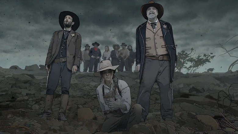 A woman keeling with two sheriffs on either sode of her in Night of the Cooters