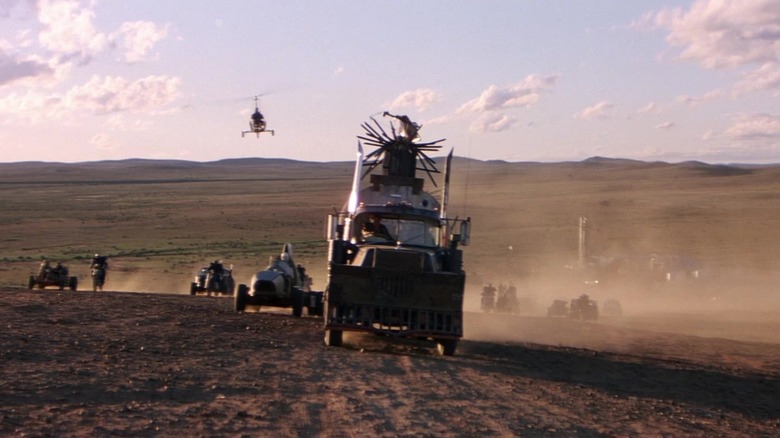 A convoy chasing Mel Gibson's Max in Mad Max 2: The Road Warrior