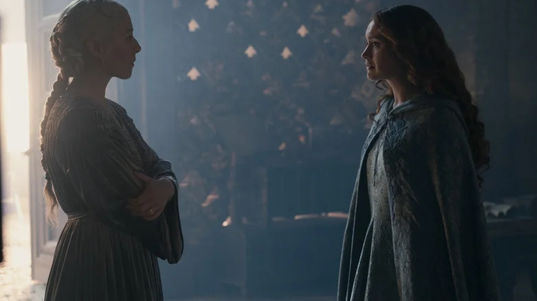 Emma D'Arcy as Rhaenyra Targaryen meeting in secret with Olivia Cooke as rival Queen Alicent Hightower in House of the Dragon