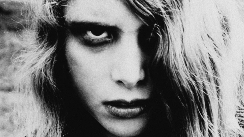 A closeup of a female ghoul in 1968's Night of the Living Dead