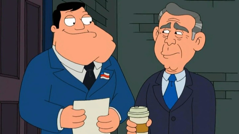 Stan Smith talking to George W. Bush with a coffee cup in American Dad!