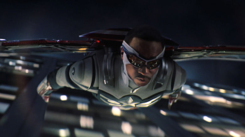 Sam Wilson flying as Captain America in The Falcon and the Winter Soldier