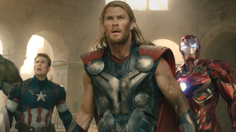 Chris Evans, Chris Hemsworth and Robert Downey Jr. in Avengers: Age of Ultron