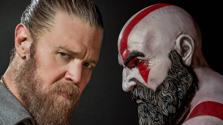 Ryan Hurst as Kratos standing next to an image of Kratos from the video game in God of War