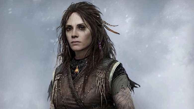 Danielle Bisutti as the voice of Freya standing in a snowstorm in God of War