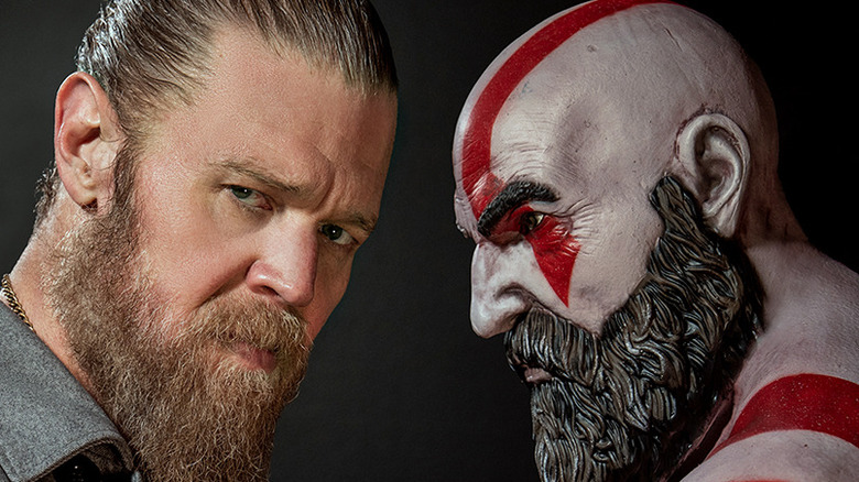 Ryan Hurst face to face with Kratos in promo art for the God of War TV show