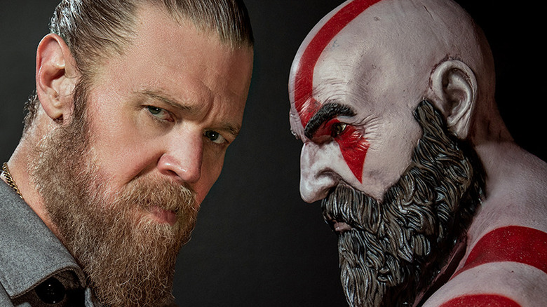 Ryan Hurst facing off against Kratos in God of War promo art