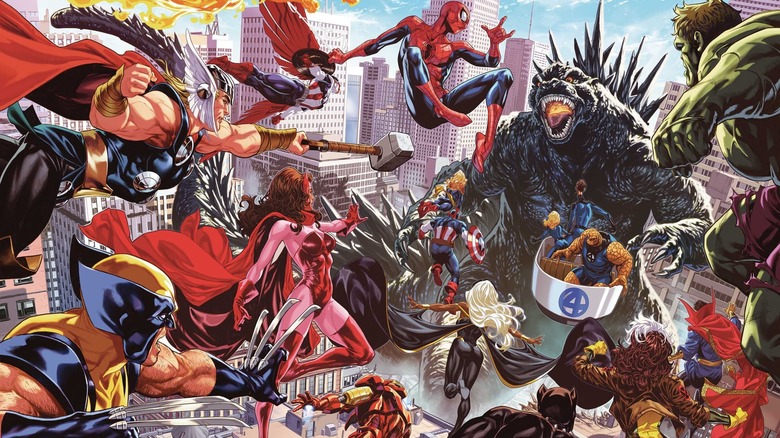 Godzilla fighting the Avengers on the cover art for Godzilla Destroys the Marvel Universe