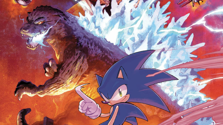 Godzilla in the background with Sonic in the foreground on the cover for Sonic the Hedgehog x Godzilla #1