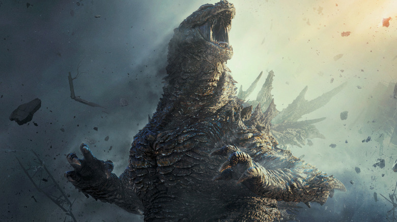 Godzilla as Godzilla roaring amid chunks of floating rubble on the official poster of Godzilla Minus Zero