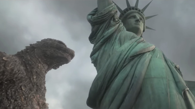 Godzilla getting ready to blast his atomic breath in the ocean in Godzilla Minus One