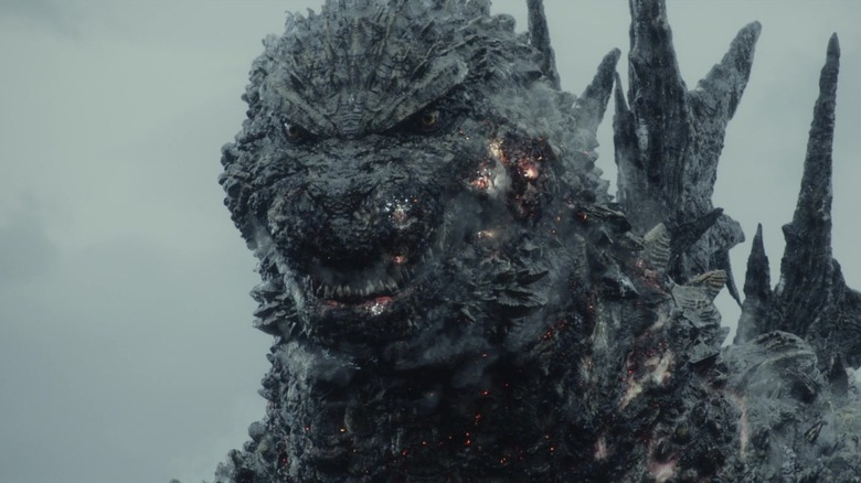 Godzilla sneering after being fired upon in Godzilla Minus One