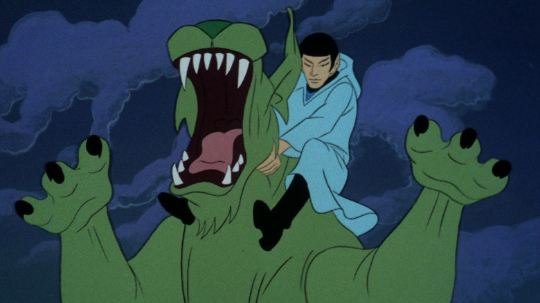 Spock riding on the neck of a giant le-matya on Star Trek: The Animated Series