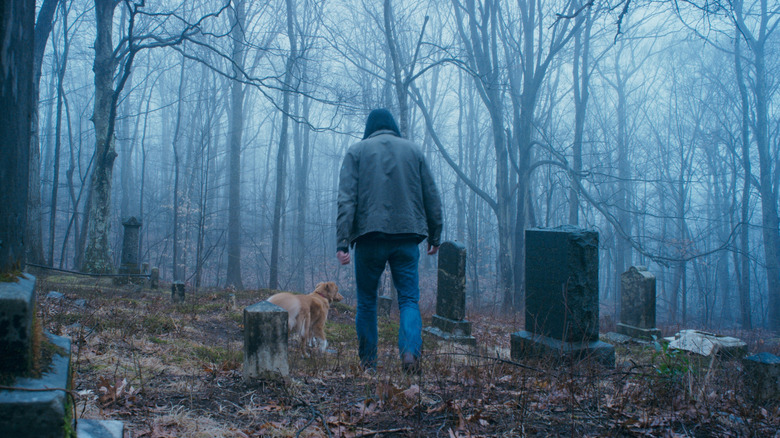 Indy and Todd walk through a cemetery in Good Boy