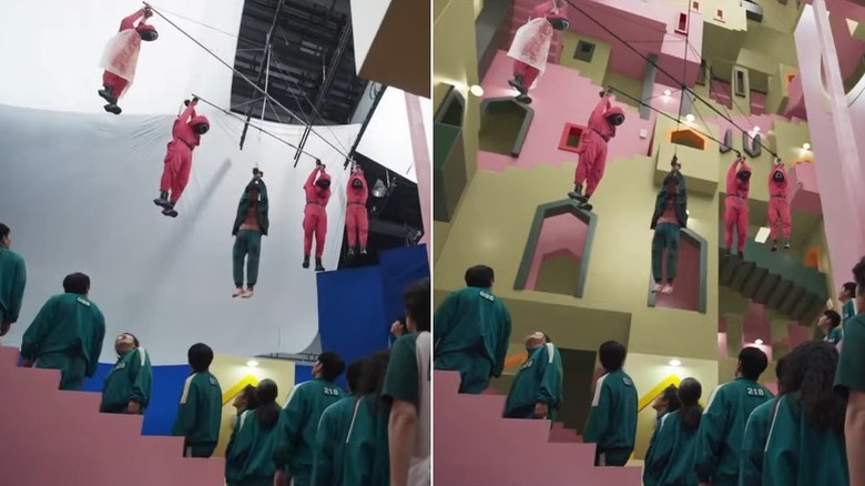 Byeong-gi and some guards hung up in Squid Game