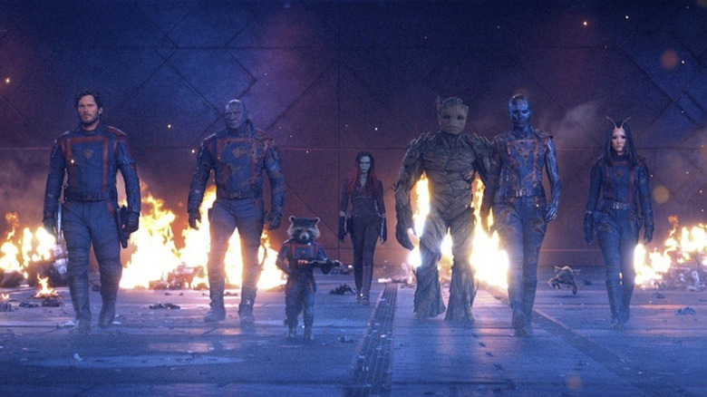 Chris Pratt, Dave Bautista, Zoe Saldaña, Karen Gillan and Pom Klementieff in Guardians of the Galaxy Vol. 3