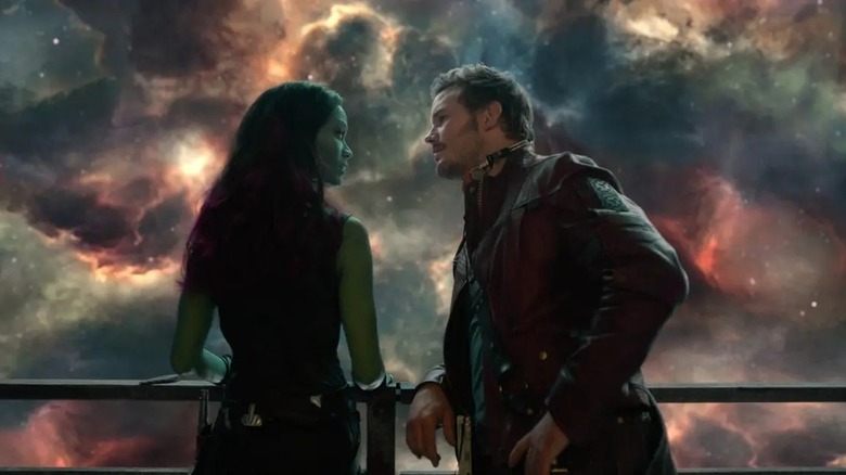 Zoe Saldaña and Chris Pratt in Guardians of the Galaxy