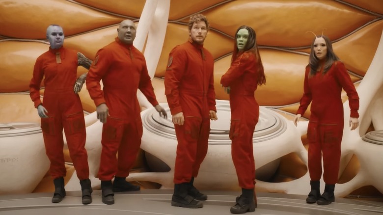 Guardians of the Galaxy Volume 3 cast in red jumpsuit