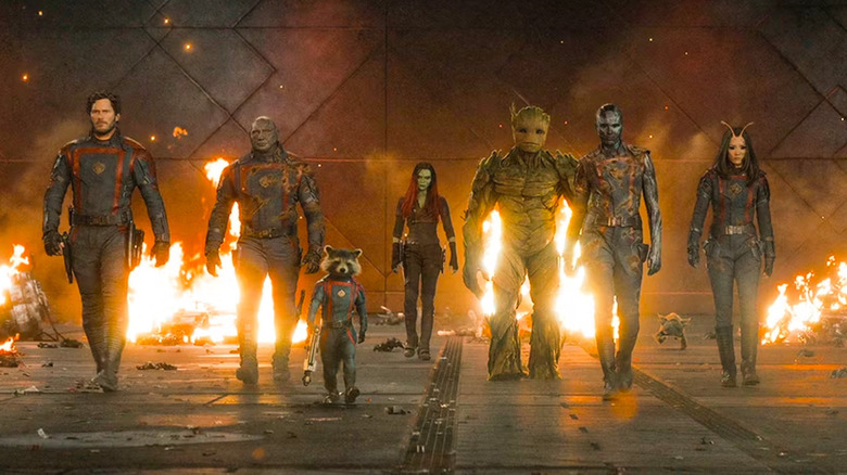 Guardians of the Galaxy Volume 3 cast walking in a line