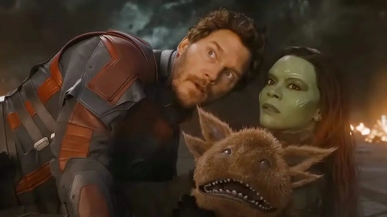 Star-Lord, Gamora, and Blurp after explosion