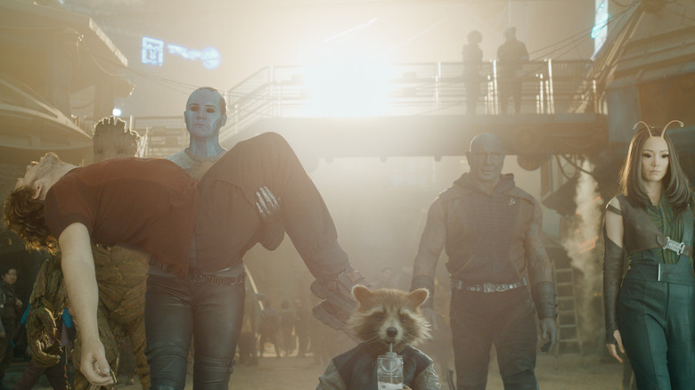 Groot, Chris Pratt doll, Karen Gillan, Rocket, Dave Bautista, and Pom Klementieff in Guardians of the Galaxy Vol. 3