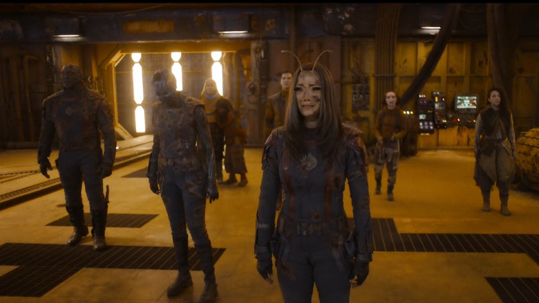 Dave Bautista, Karen Gillan, and Pom Klementieff as Drax, Nebula, and Mantis in Guardians of the Galaxy Vol. 3