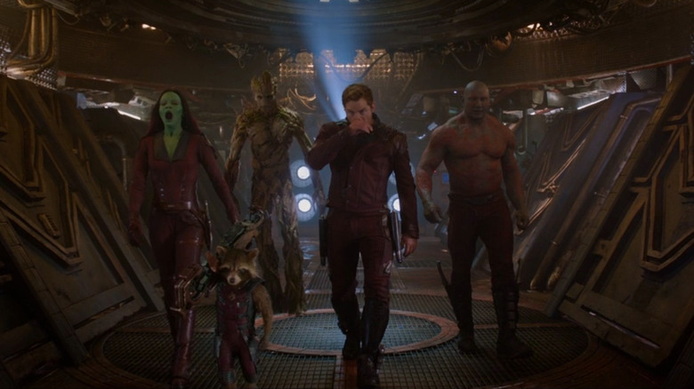 Zoe Saldaña, Sean Gunn/Bradley Cooper, Vin Diesel, Chris Pratt and Dave Bautista in Guardians of the Galaxy