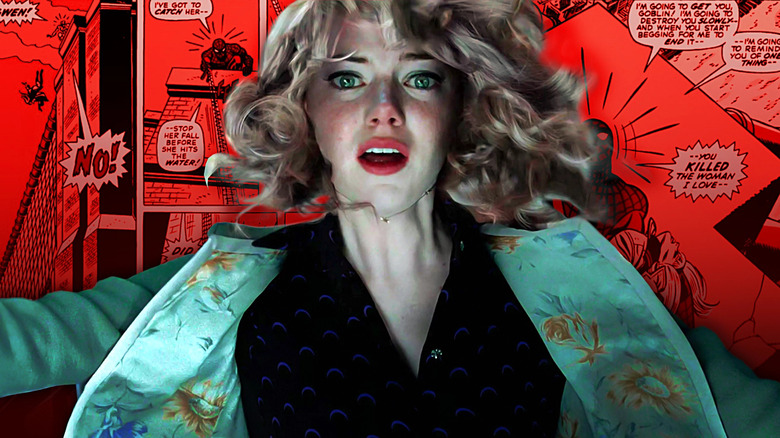 Emma Stone as Gwen Stacy falling to her death in The Amazing Spider-Man 2 against background of Gwen's death in Amazing Spider-Man #121