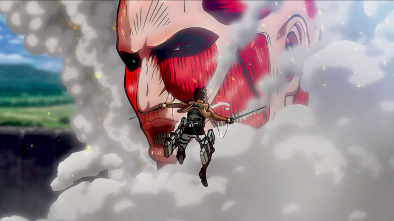 Eren Attacks a Titan Trying to Breach the Wall