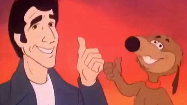 The Fonz and Mr. Cool giving a thumbs up on The Fonz and the Happy Days Gang