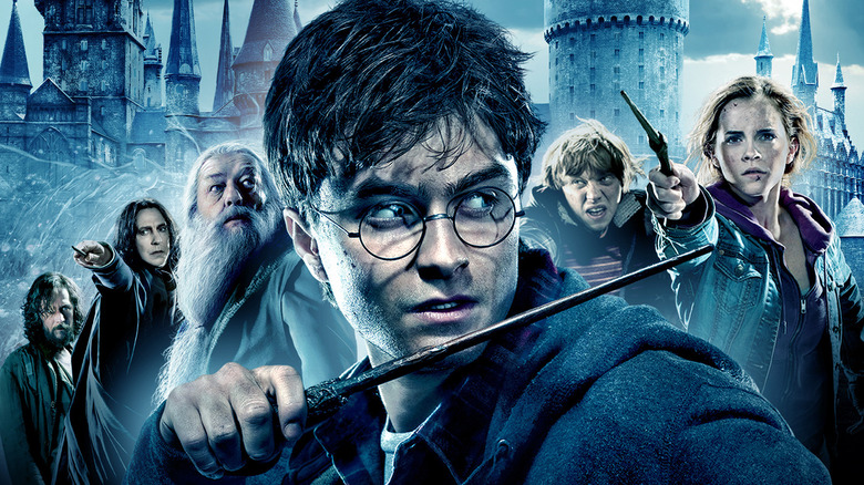Harry Potter movie collection banner with Sirius Black, Snape, Dumbledore, Harry, Ron, and Hermione in front of Hogwarts
