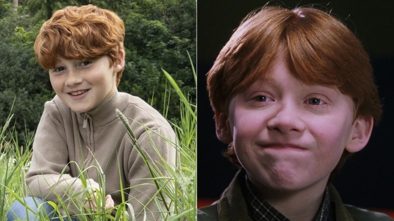Alastair Stout in an HBO publicity image; Rupert Grint's Ron meets Harry in Harry Potter and the Sorcerer's Stone.