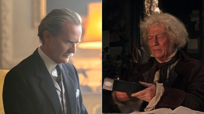 Anton Lesser as Prime Minister Harold Macmillan debriefs the Queen in The Crown; John Hurt's Ollivander presents Harry with a wand in Harry Potter and the Sorcerer's Stone.