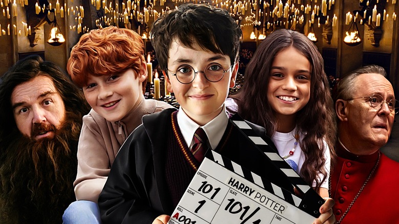 Nick Frost as Hagrid, Alastair Stout as Ron, Dominic McLaughlin as Harry Potter, and Arabella Stanton as Hermione in earky publicity images from HBO's Harry Potter; plus John Lithgow as Cardinal Tremblay answering questions in Conclave.