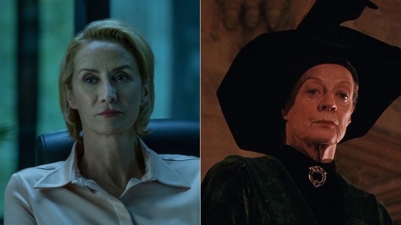 Janet McTeer keeps a poker face as cartel attorney Helen Pierce in Ozark; Maggie Smith as Minerva McGonagall offers stern orientation in Harry Potter and the Sorcerer's Stone.