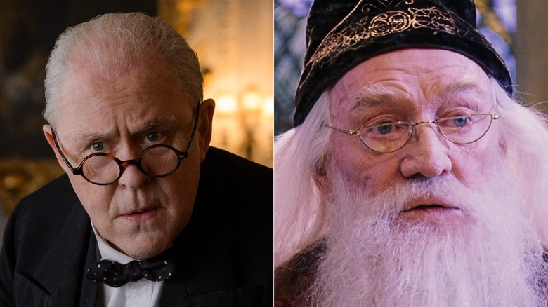 John Lithgow focuses as Winston Churchill in The Crown, and Richard Harris as the first Dumbledore is taken aback by news in Harry Potter and the Sorcerer's Stone.