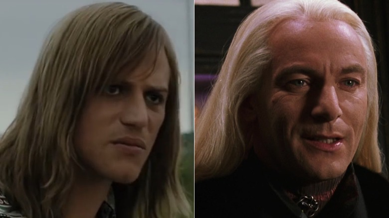 Johnny Flynn as David Bowie argues with his manager in Stardust; Jason Isaacs' Lucius meets Harry in Harry Potter and the Chamber of Secrets.