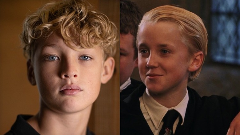 Lox Pratt's official headshot in the HBO Max press release; Tom Felton's Draco mocks Harry in Harry Potter and the Sorcerer's Stone.