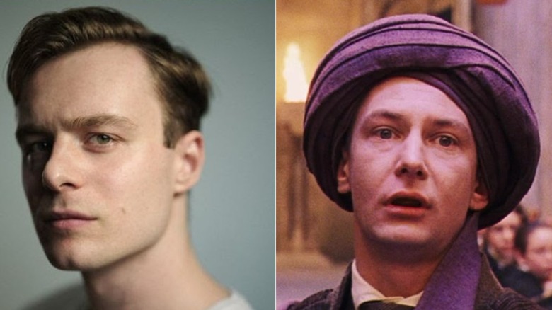 Luke Thallon's headshot from HBO Max's casting press release, and Ian Hart's Quirrell warning Dumbledore  in Harry Potter and the Sorcerer's Stone.