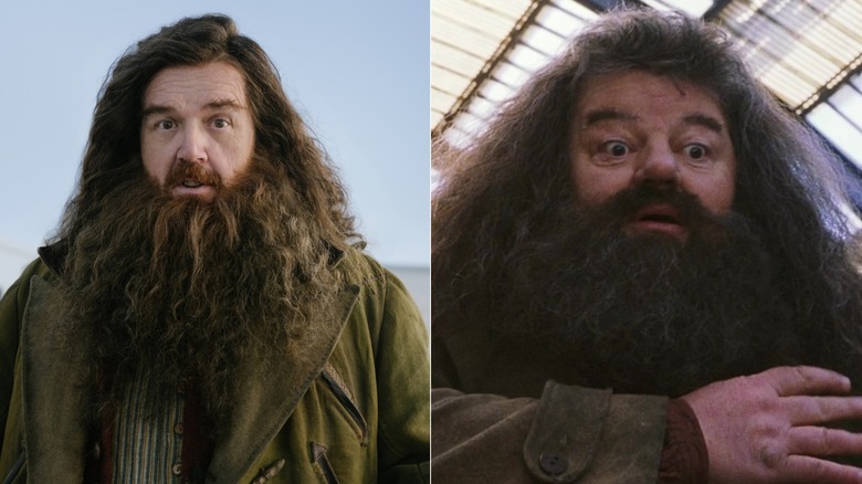 Nick Frost reveals his Hagrid makeup and costume for the first time; Robbie Coltrane's Hagrid offers friendly advice in Harry Potter and the Sorcerer's Stone.