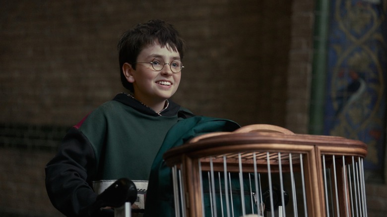Harry wheeling Hedwig in the train station in Harry Potter and the Philosopher's Stone