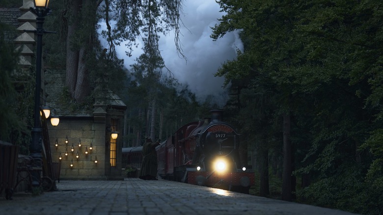 The Hogwarts Express arriving in Hogsmeade in Harry Potter and the Philosopher's Stone