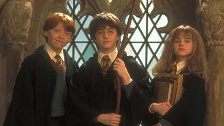 ron, harry, and hermione from harry potter in their school robes
