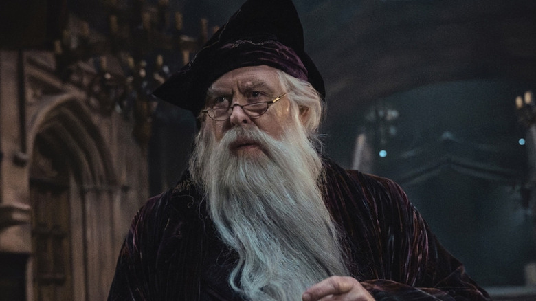 Dumbledore in the halls of Hogwarts in Harry Potter