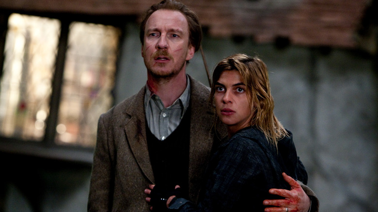 Remus and Tonks outside of the Burrow looking worried in Harry Potter and the Half-Blood Prince